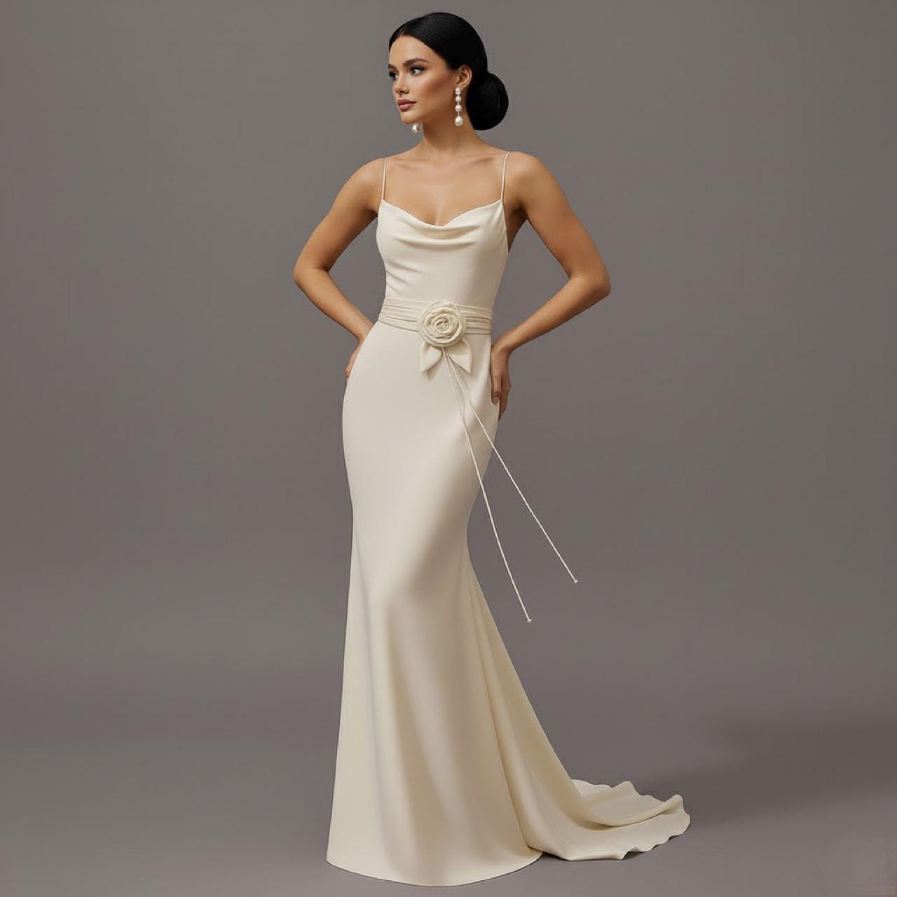 plunge cowl neck floor length dress in ivory Stretch Crepe gown with cowl back in Ivory Stretch Crepe gown with cowl  back in Ivory main image 0