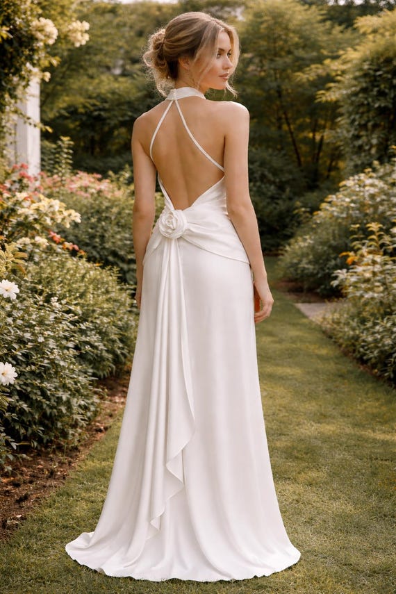 Backless Halter Silk Wedding Dress, Minimalist Custom Bridal Gown
