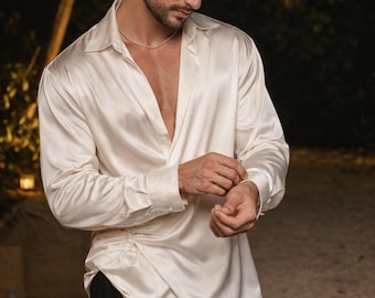 Men's Silk Satin Open Collar Shirt, Evening Party Wear, Relaxed Luxury Style