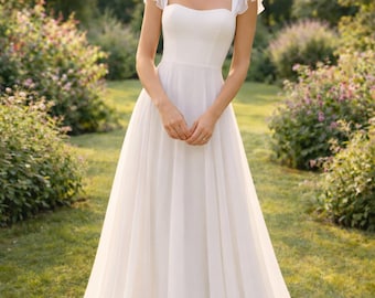 Minimalist Silk A-Line Wedding Dress, Square Neck Bridal Gown, Custom Made