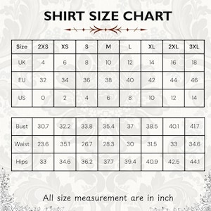 Puede incluir: Tabla de tallas de camisas con medidas en pulgadas. Tallas de 2XS a 3XL, con equivalencias UK, EU y US. Medidas de pecho, cintura y cadera, de 77.98 cm a 111.9 cm.