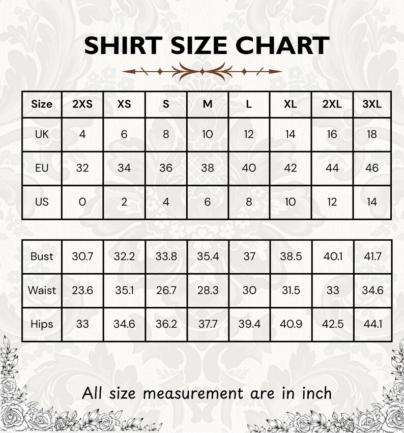 Puede incluir: Tabla de tallas de camisas con medidas en pulgadas. Tallas de 2XS a 3XL, con equivalencias UK, EU y US. Medidas de pecho, cintura y cadera, de 77.98 cm a 111.9 cm.