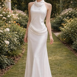 May include: A white satin halter neck gown with a draped bodice and a flowing skirt. The dress has a slight train and is worn outdoors in a garden setting. The model is standing on a path of green grass.