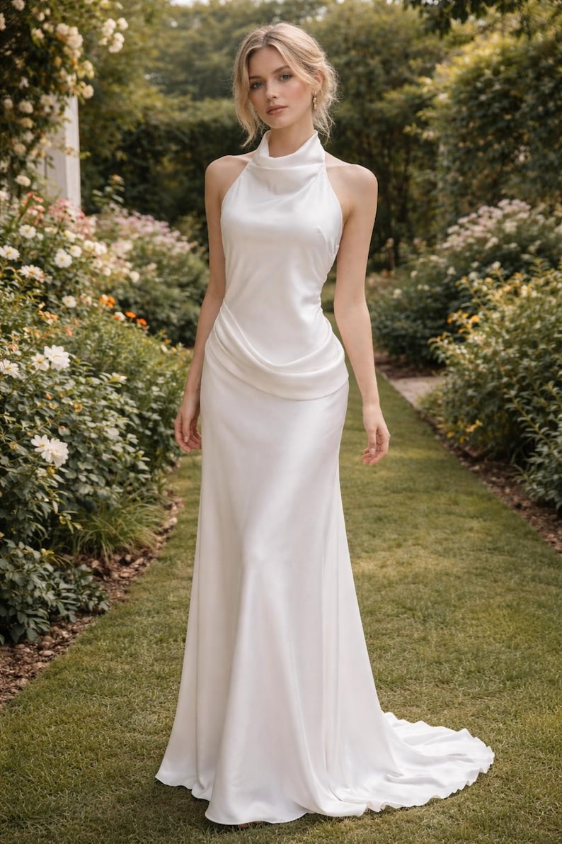 May include: A white satin halter neck gown with a draped bodice and a flowing skirt. The dress has a slight train and is worn outdoors in a garden setting. The model is standing on a path of green grass.