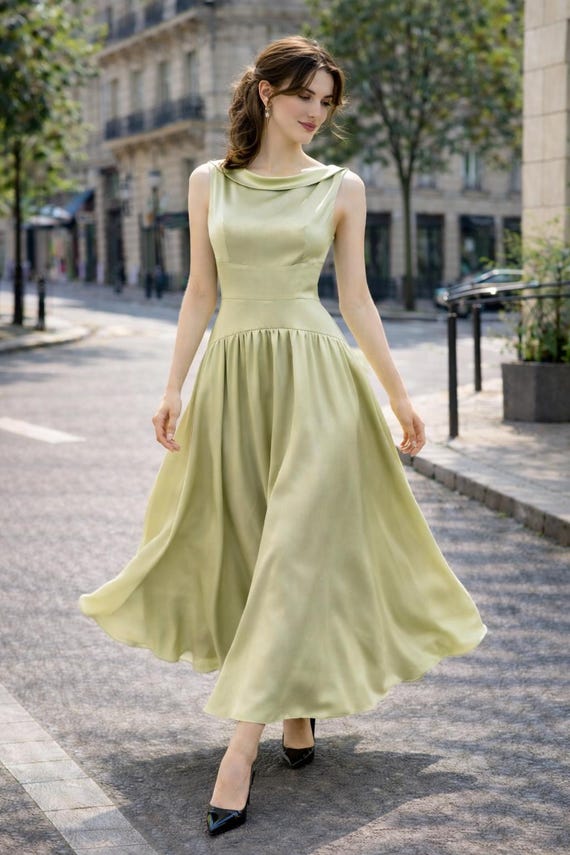 Sage Green Silk Maxi Dress, Cowl Neck Bridesmaid Gown, Custom Made