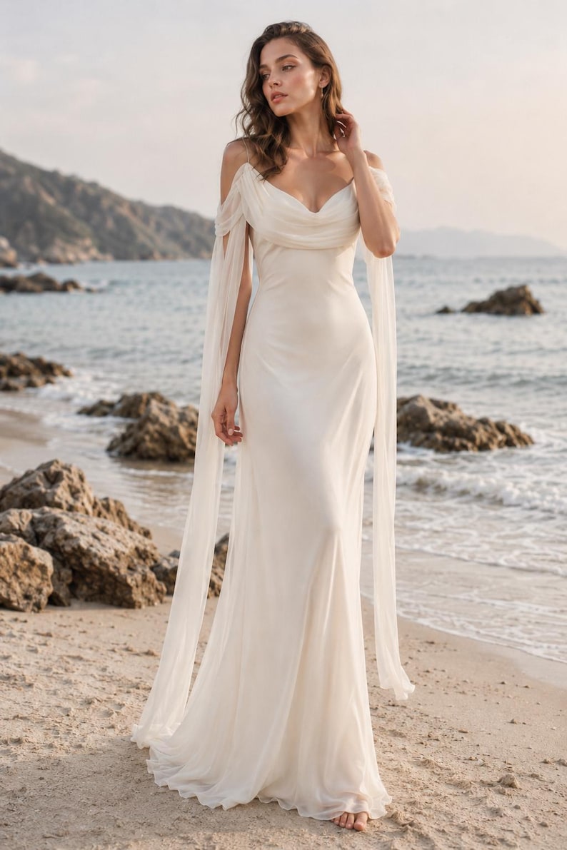May include: A floor-length off-white gown featuring a draped cowl neckline, thin spaghetti straps, and long, flowing sheer fabric sleeves that extend from the shoulders. The dress has a fitted bodice and a floor-length skirt with a soft, fluid drape.