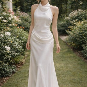 May include: A white, floor-length wedding dress with a halter neckline and a flowing skirt. The dress is made of a smooth, silky fabric and features a draped bodice. The background is a garden with green grass and white flowers.
