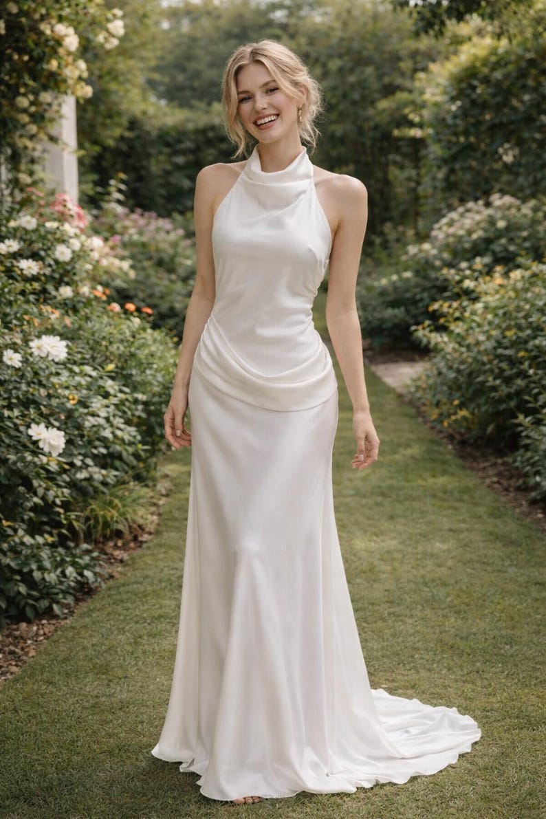 May include: A white, floor-length wedding dress with a halter neckline and a flowing skirt. The dress is made of a smooth, silky fabric and features a draped bodice. The background is a garden with green grass and white flowers.
