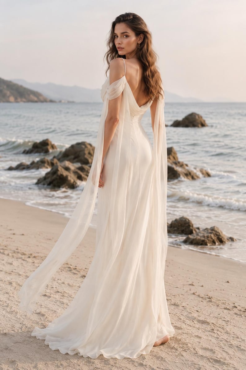May include: A floor-length off-white gown featuring a draped bodice, thin spaghetti straps, and long, flowing sheer fabric sleeves that extend from the shoulders. The dress has a low back design and a full-length skirt made of lightweight material.
