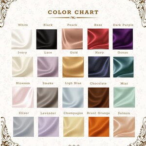 May include: A color chart displaying fabric swatches in various colors. The chart includes colors such as white, black, peach, rose, dark purple, ivory, lace, gold, navy, ocean, blossom, smoke, light blue, chocolate, mint, sliver, lavender, champagne, burnt orange, and salmon.