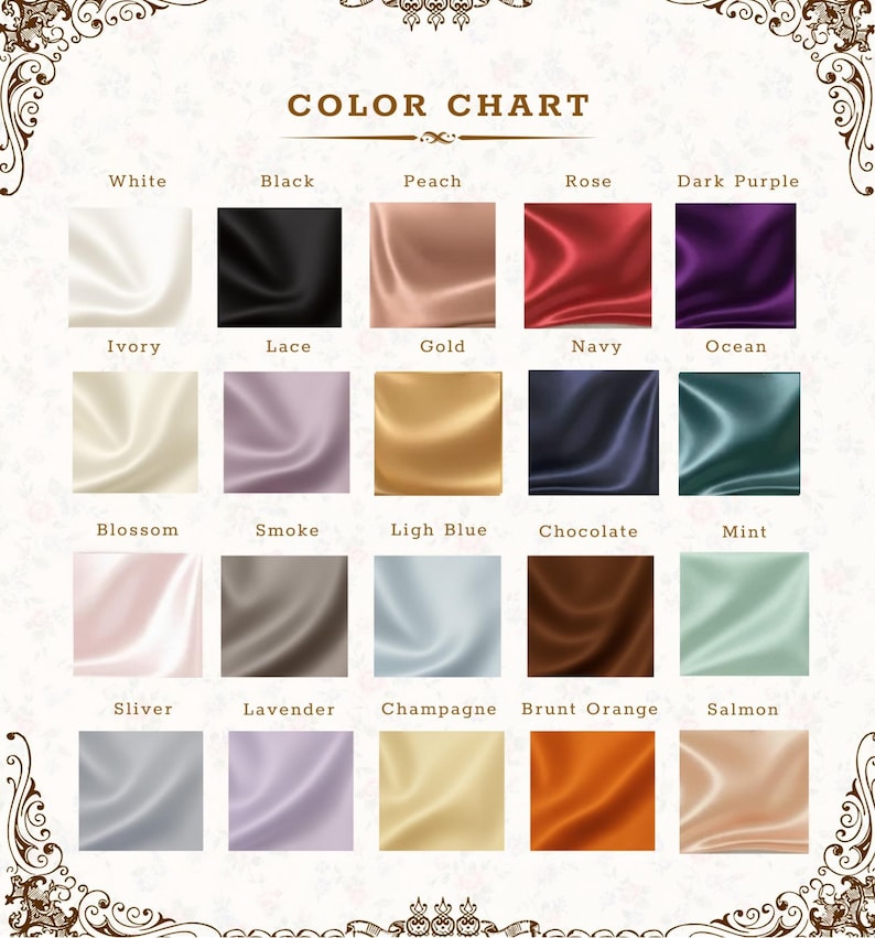 May include: A color chart displaying fabric swatches in various colors. The chart includes colors such as white, black, peach, rose, dark purple, ivory, lace, gold, navy, ocean, blossom, smoke, light blue, chocolate, mint, sliver, lavender, champagne, burnt orange, and salmon.