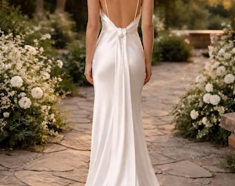 Custom Made Silk Satin Wedding Dress, Minimalist Open Back Bridal Gown