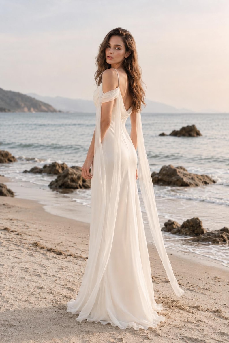 May include: A floor-length, off-white gown featuring a cowl neckline, thin shoulder straps, and long, sheer, flowing fabric panels attached to the sleeves that drape down the back, creating a soft, elegant silhouette with a smooth, solid finish.