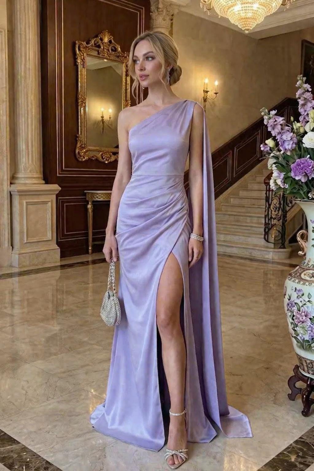 One Shoulder Silk Maxi Dress