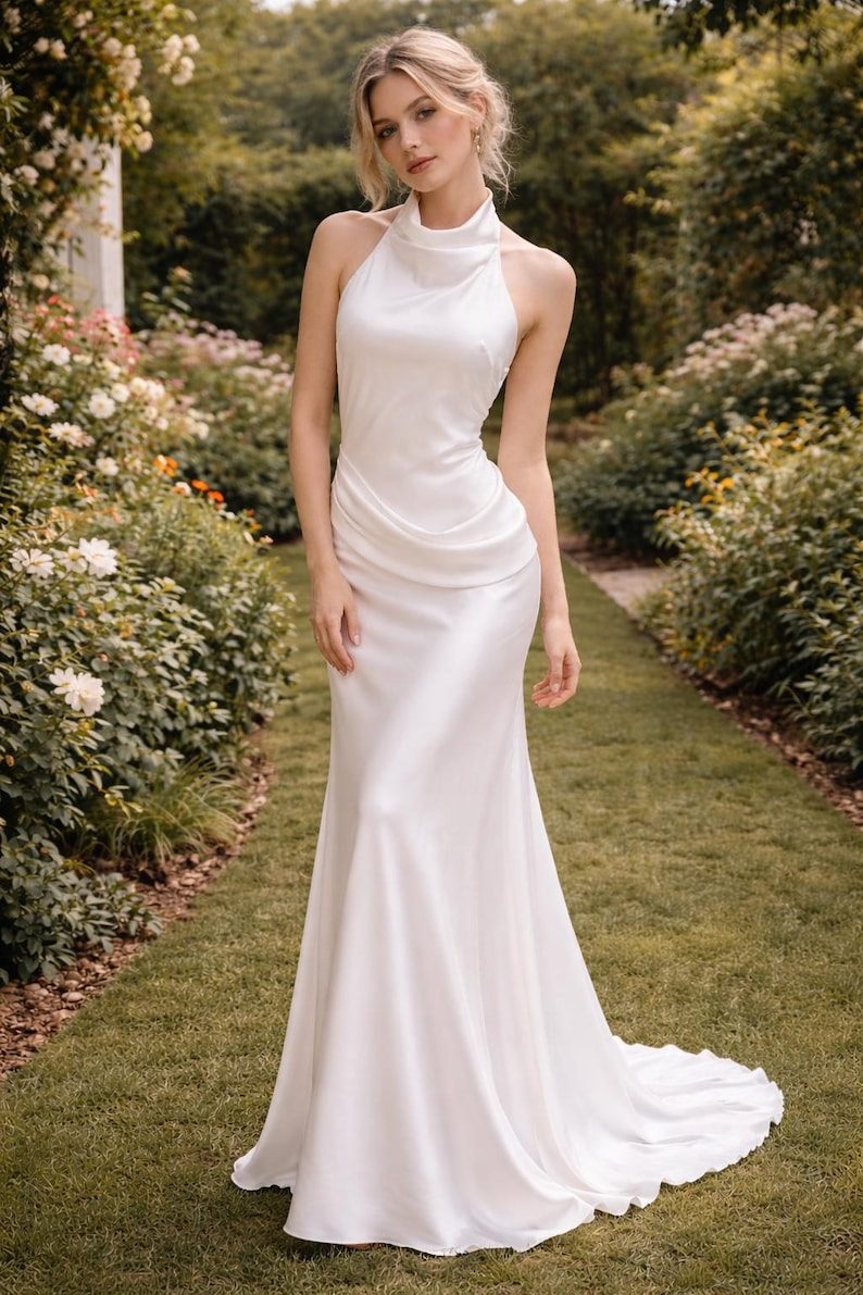 May include: A white, floor-length gown with a halter neckline and a flowing skirt. The dress is made of a smooth, silky fabric and features a slight train. The model is standing in a garden setting with greenery and flowers.