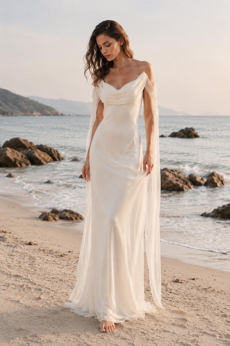 May include: A floor-length ivory gown featuring a draped cowl neckline, thin spaghetti straps, and long, sheer, flowing sleeves that extend from the shoulders. The garment is made of a smooth, lightweight fabric that falls in a straight silhouette.