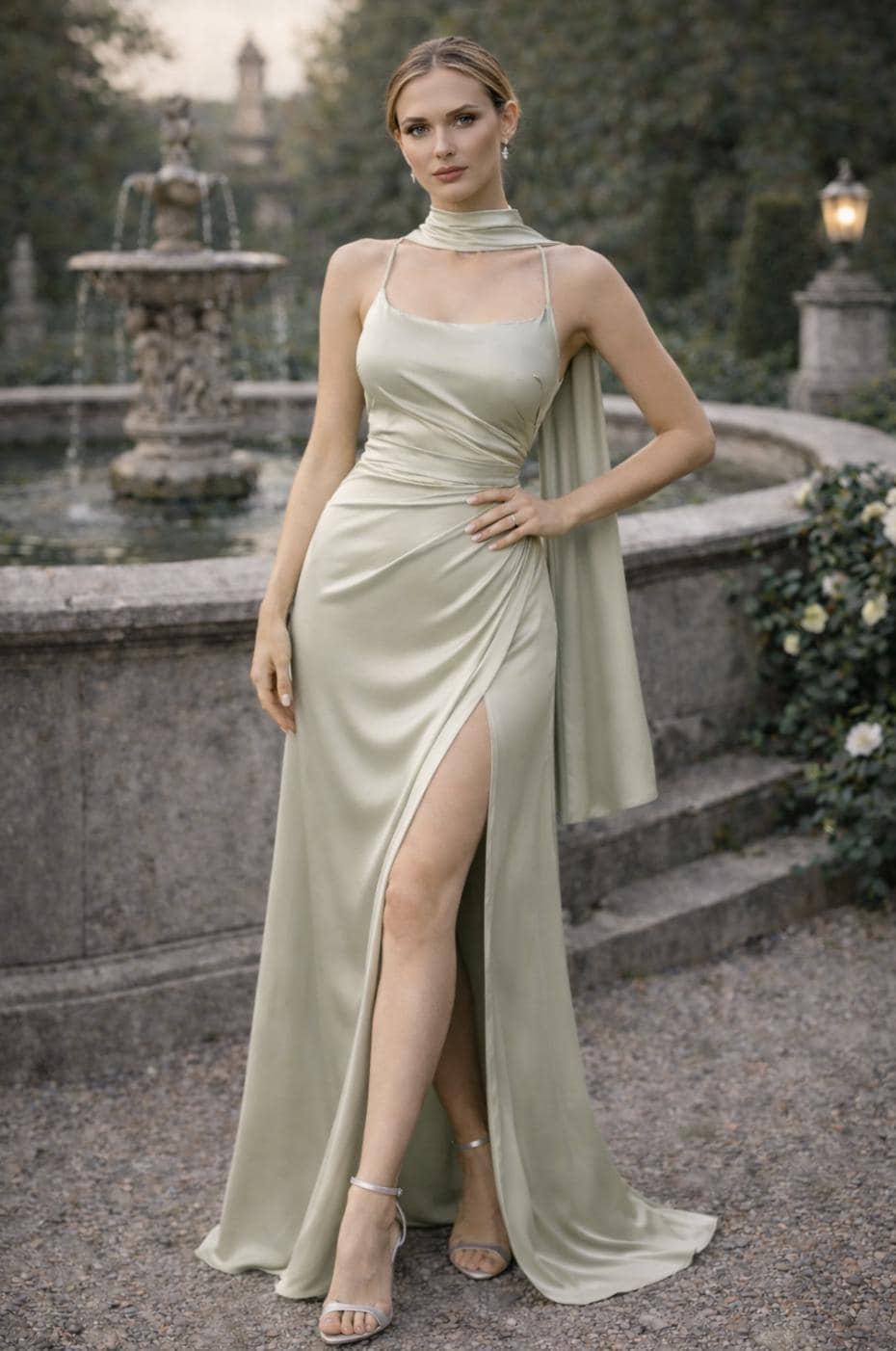high neck sage green bridesmaid dress Cora Embroidered Chiffon Dress main image 0