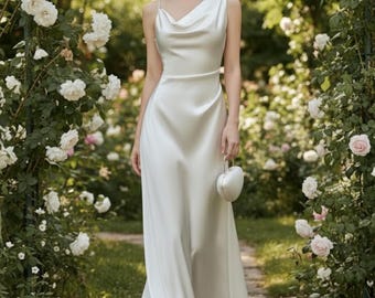Silk Wedding Dress, Draped Cowl Neck, Minimalist Bridal Gown