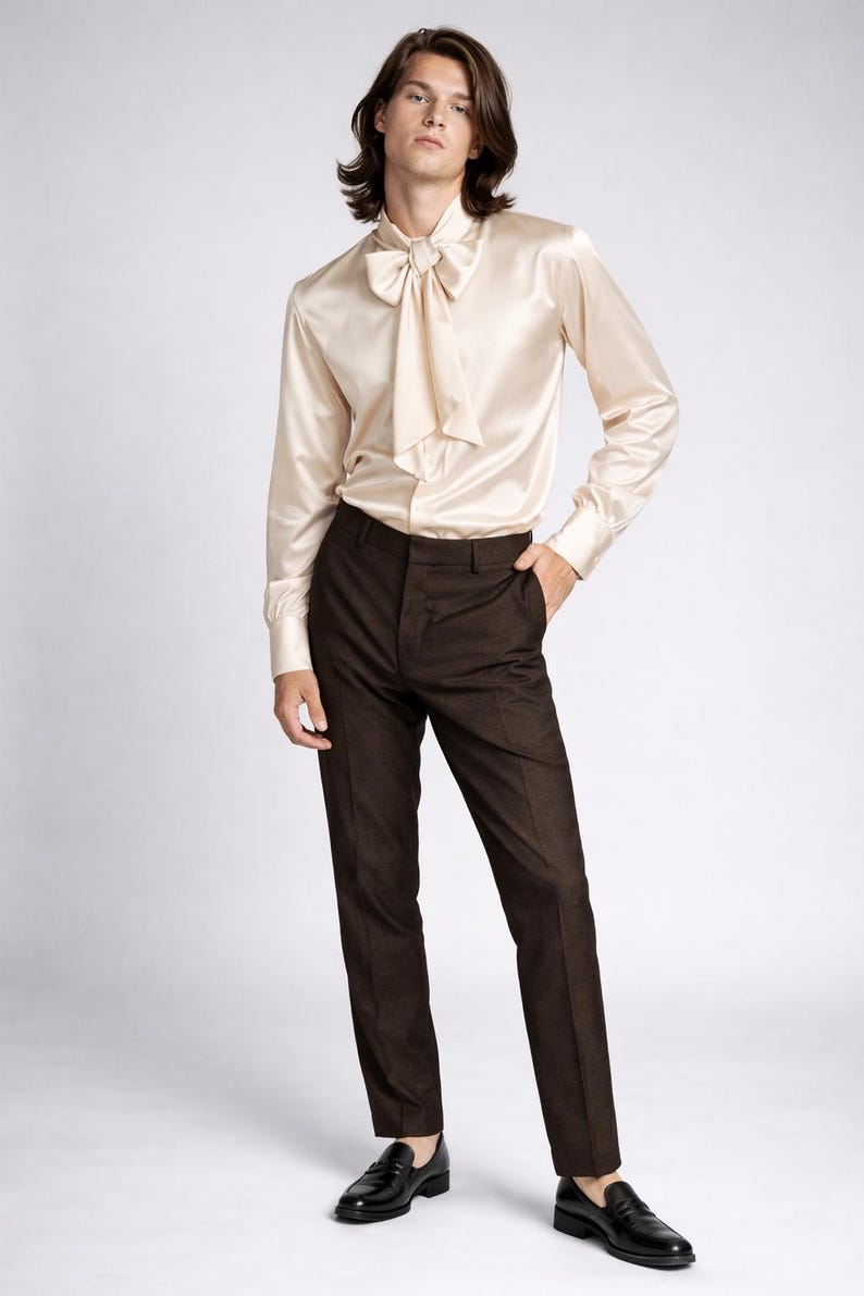 May include: A cream-colored satin shirt with a bow tie, paired with dark brown trousers and black leather loafers. The long-sleeved shirt has a flowing bow detail at the neck. The trousers are tailored and the loafers are polished.