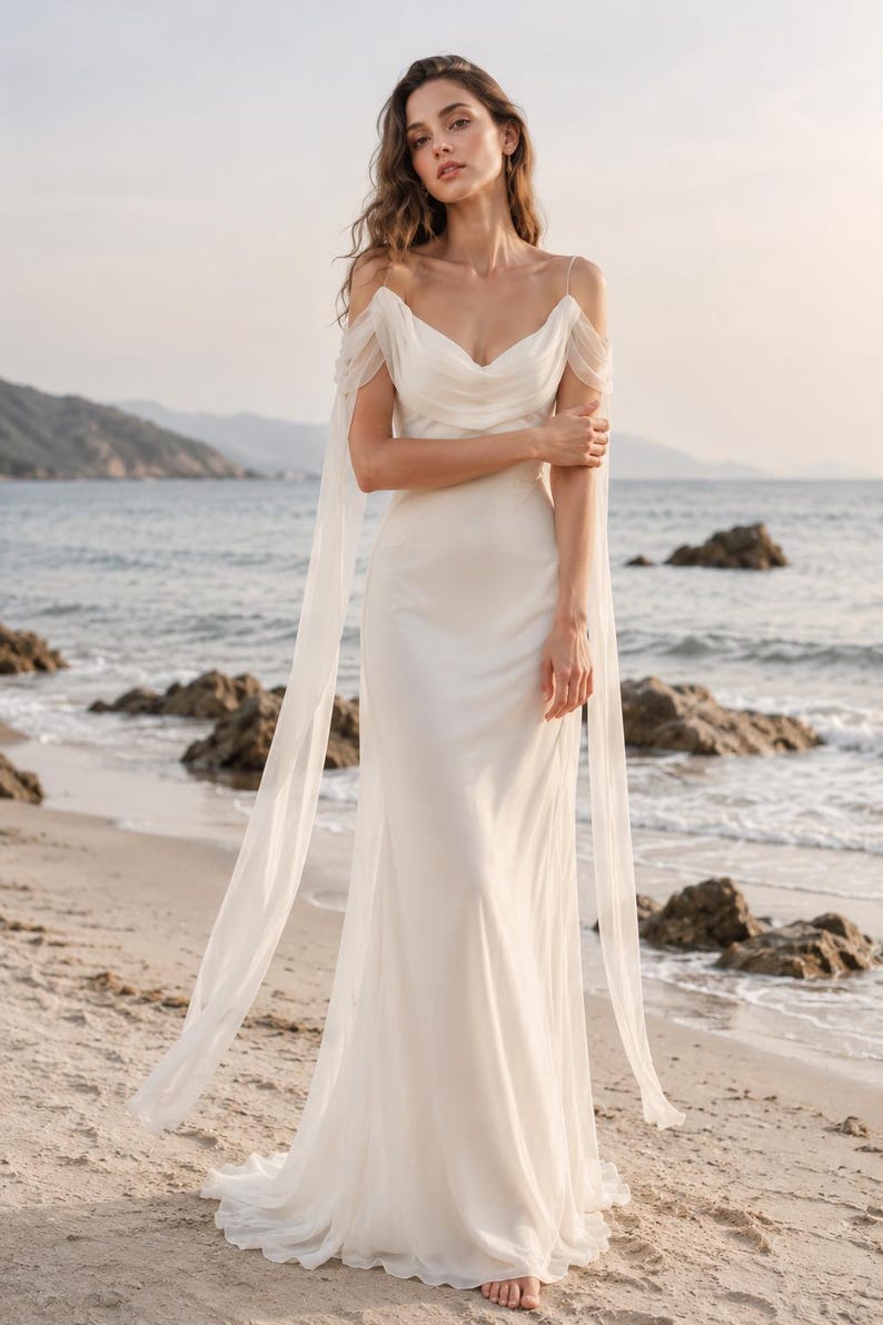 May include: A floor-length ivory gown featuring a draped cowl neckline, thin spaghetti straps, and long, sheer, flowing off-the-shoulder sleeves that extend to the floor. The dress has a fitted bodice and a smooth, flowing skirt silhouette.