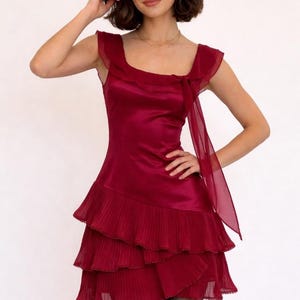 short dark red silk dress Red Satin Cocktail Dress - Sexy Red Mini Dress - Cowl Neck Mini