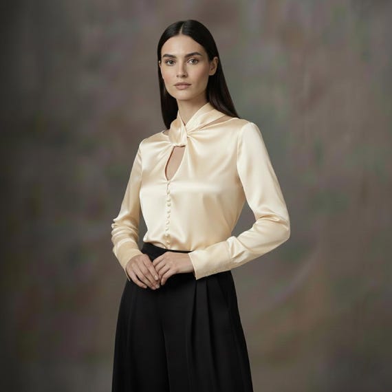 Emerald Silk Satin Blouse, Twist Neck Long Sleeve Top, Custom Women’s Shirt
