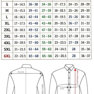 May include: A size chart for men's shirts, displaying measurements in inches. The chart includes sizes S to 6XL, with corresponding collar, chest, waist, shoulder, sleeve, and length measurements. Diagrams illustrate shirt dimensions.
