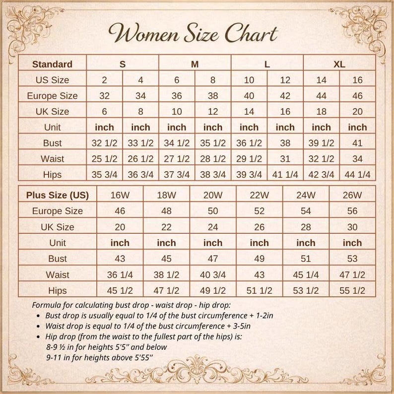 May include: A beige Women Size Chart with measurements in inches. The chart includes standard and plus sizes, detailing bust, waist, and hip measurements, along with US, European, and UK sizes. Formula for calculating bust, waist, and hip drop is also included.