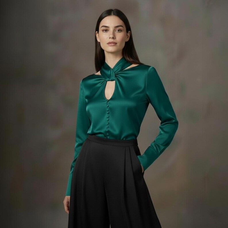 Puede incluir: Blusa de sat&eacute;n verde esmeralda con mangas largas y cuello de ojo de cerradura. La blusa presenta una botonadura frontal y se combina con pantalones negros de pernera ancha. La parte superior tiene un detalle anudado &uacute;nico en el cuello.