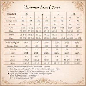 May include: A beige size chart titled Women Size Chart with decorative corners. It displays standard sizes S through XL and plus sizes 16W through 26W, listing US, Europe, and UK sizes alongside bust, waist, and hip measurements in inches.