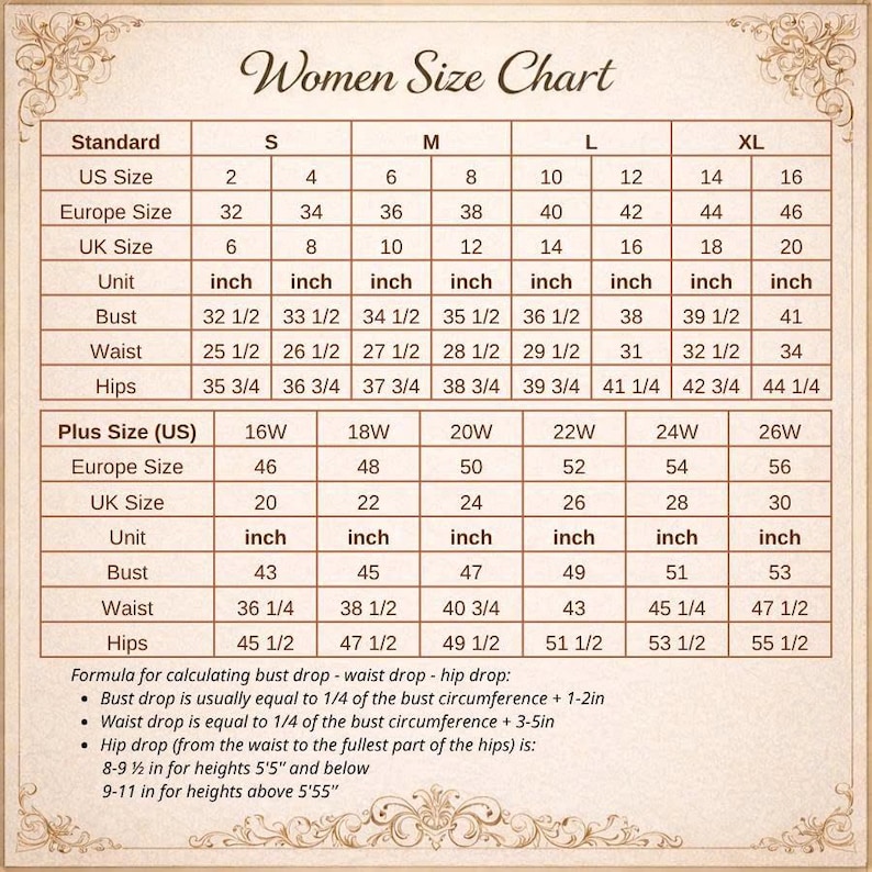 May include: A beige size chart titled Women Size Chart with decorative corners. It displays standard sizes S through XL and plus sizes 16W through 26W, listing US, Europe, and UK sizes alongside bust, waist, and hip measurements in inches.