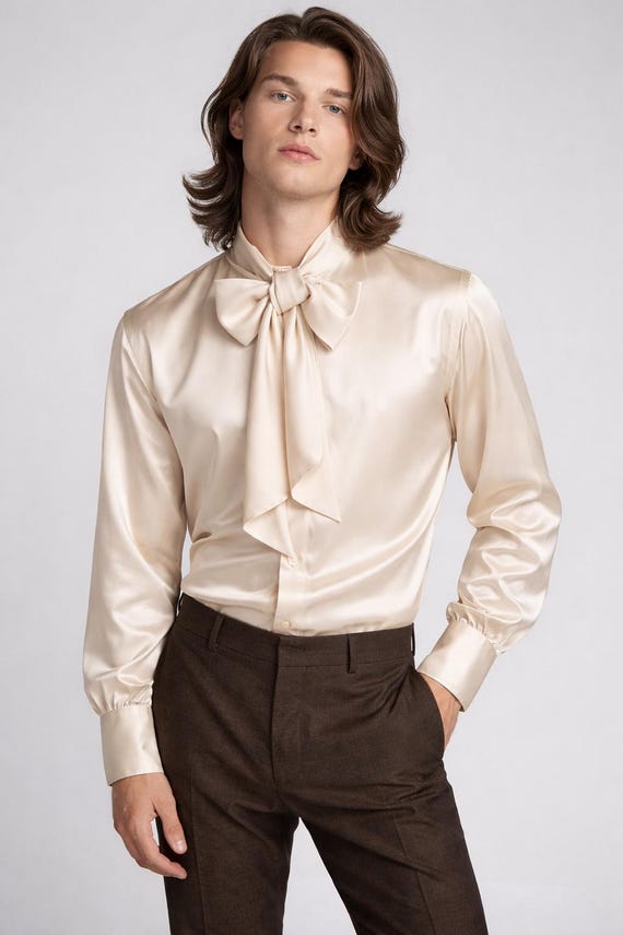 Men's Silk Shirt with Satin Bow Tie, Elegant Formal Dress Shirt