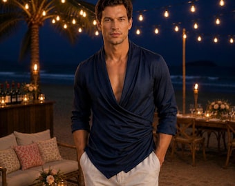 Men's Satin Wrap Shirt | Deep V Neck Resort Beach Top