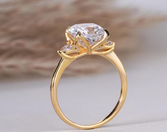 Tulip Setting Floral Ring, Cushion Cut Three Stone Engagement Ring, Accents Pear Cut Side Diamond Ring, Lab Grown Diamond Three Stone Ring