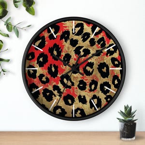 Red Gold Leopard Print Wall Clock | Animal Print Clock | African Decor | Gift for Him or Her, Black-Owned Business