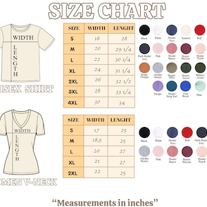 May include: Size chart for unisex and women's V-neck shirts. The chart includes measurements in inches for width and length, along with a color palette. Sizes range from S to 4XL for unisex shirts and S to 2XL for women's V-neck shirts.
