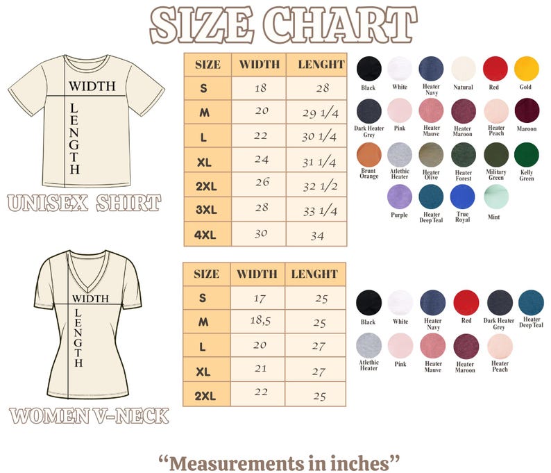 May include: Size chart for unisex and women's V-neck shirts. The chart includes measurements in inches for width and length, along with a color palette. Sizes range from S to 4XL for unisex shirts and S to 2XL for women's V-neck shirts.