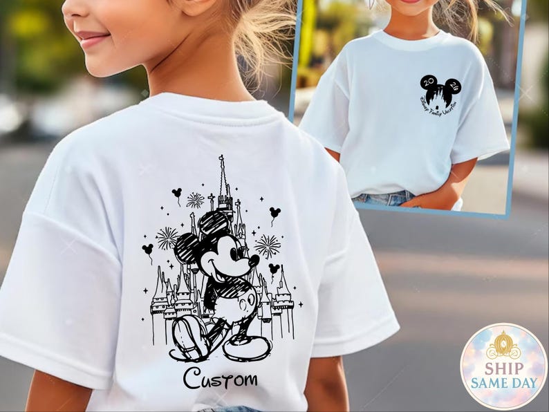 May include: White t-shirt featuring a black and white illustration of Mickey Mouse in front of a castle, with the word "Custom" below. A smaller image shows a similar shirt with a Mickey Mouse head and the text "Disney Family Vacation".