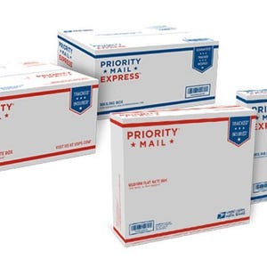 Può includere: Scatole di cartone bianche con dettagli rossi e blu. Le scatole sono etichettate "PRIORITY MAIL" e "PRIORITY MAIL EXPRESS". Alcune scatole hanno un emblema "TRACKED & INSURED". Le scatole sono per la spedizione.