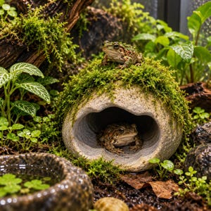 Könnte beinhalten: Eine helle, abgerundete Steinhöhle mit hohlem Zentrum, bedeckt mit leuchtend grünem Moos. Eine Kröte sitzt auf dem moosigen Stein, während eine zweite Kröte im Höhleneingang ruht. Die Szene umfasst grünes Blattwerk und eine Wasserschale.