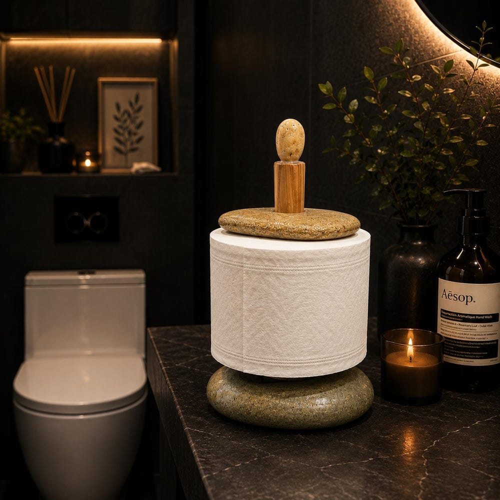 Countertop Toilet Paper Holder - Natural River Stone and Oak Wood