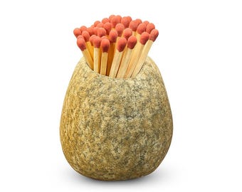 Natural River Stone Match Holder – Rustic Matchstick Holder – Stone Match Striker – Wabi-Sabi Minimalist Home Decor