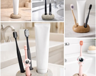 Portaspazzolino in ciottoli, portaspazzolino e dentifricio in pietra naturale, organizer per bagno in pietra di fiume fatto a mano, arredamento minimalista per il bagno