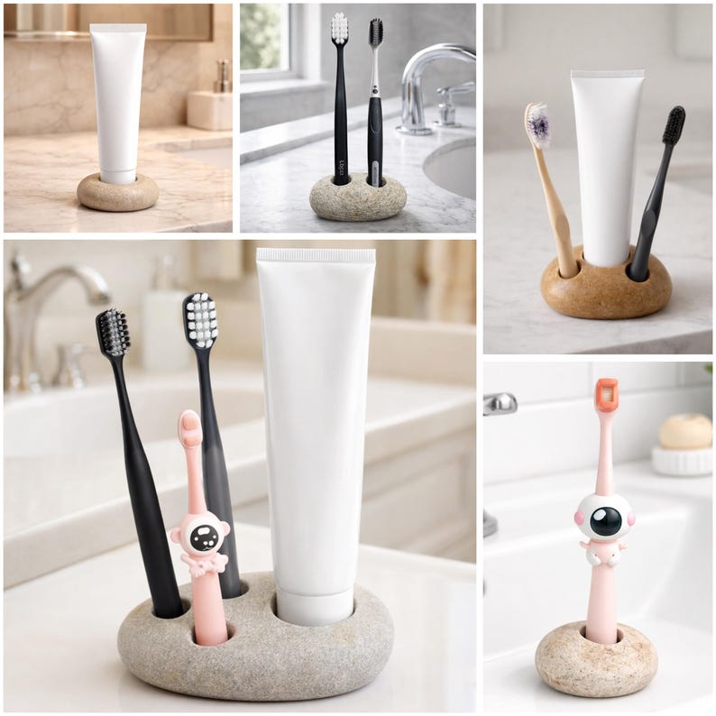 May include: A collection of toothbrush holders, each with a unique design. The holders are made of stone and wood, and hold toothbrushes and toothpaste tubes. The toothbrushes come in various colors, including black, pink, and white.