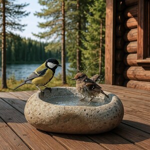 May include: A round, light-colored stone birdbath with a textured surface containing water. A yellow and black great tit stands on the rim, while a small brown bird splashes in the water, creating droplets that are visible in the air above the basin.