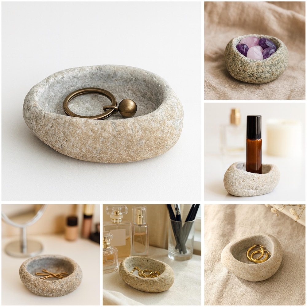 Natural Stone Jewelry Dish – Hand-Carved Pebble Ring Holder | Trinket Bowl for Earrings, Rings and Wabi-Sabi Decor