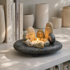 May include: A decorative candle holder featuring a group of painted stones with cartoon faces arranged around a lit candle. The candle holder is a large, round, gray stone. The background includes books and neutral-toned vases.
