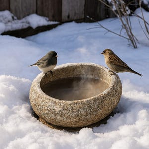 May include: A round, textured stone bird bath filled with steaming water, positioned in a snowy environment. A dark gray bird with a white belly sits on the left rim, while a brown, streaked bird sits on the right rim of the stone basin.