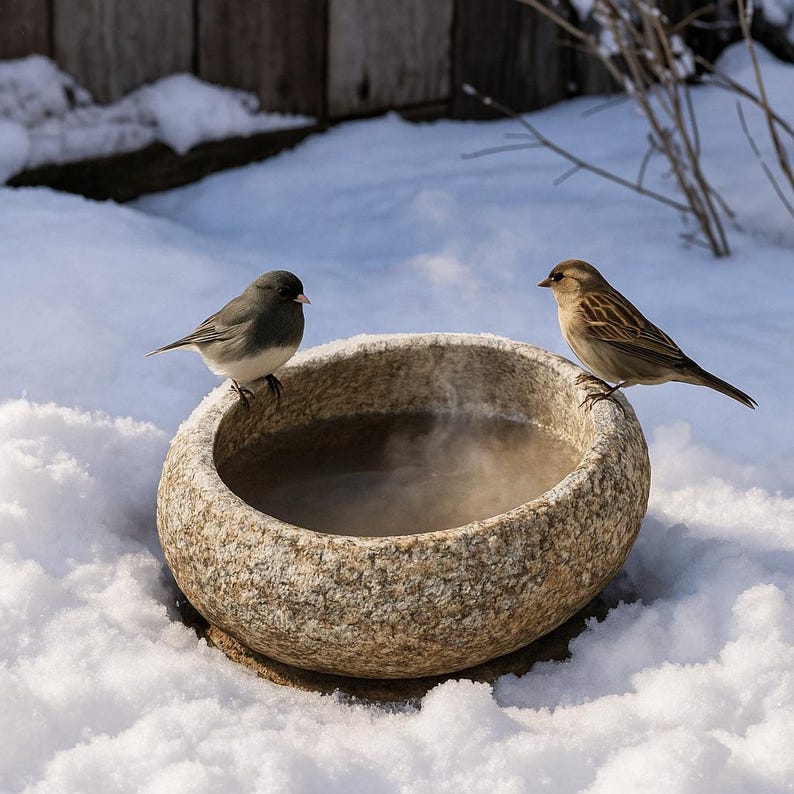 May include: A round, textured stone bird bath filled with steaming water, positioned in a snowy environment. A dark gray bird with a white belly sits on the left rim, while a brown, streaked bird sits on the right rim of the stone basin.