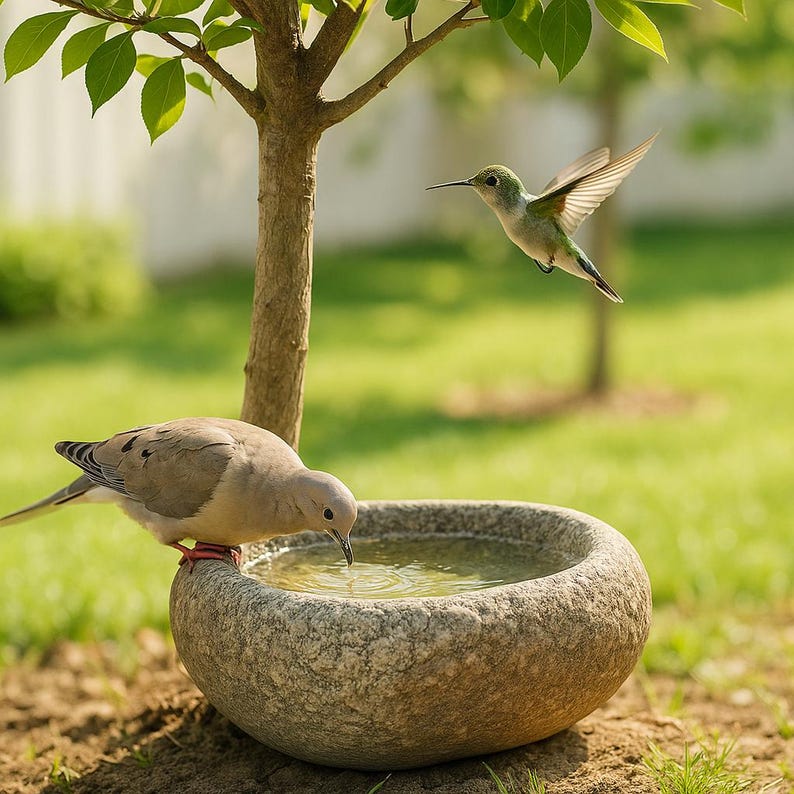 May include: A round, textured stone bird bath basin filled with water. A light brown mourning dove stands on the rim drinking from the basin, while a small green and white hummingbird with wings spread in flight hovers nearby in the air.